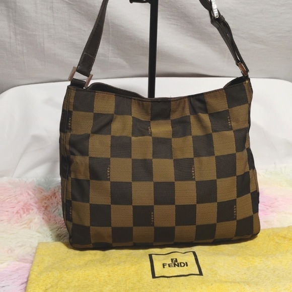SALE! RARE! Auth FENDI Checkered Vintage Nylon Shoulder Bag W Dust Bag - Picture 5 of 15